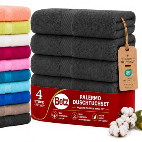 Betz 4 Stück Duschtücher Set Palermo Größe 70x140 cm 100% Baumwolle Badetuch Duschhandtuch Sporthandtuch Farbe anthrazit