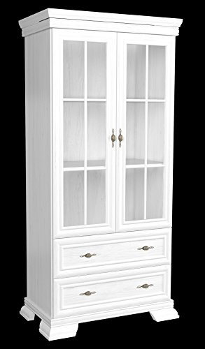 Furniture24 Vitrine Kora KRW2 Standvitrine Wohnzimmerschrank Vitrinenschrank mit 2 Türen und 2 Schubkasten (Andersen Kiefer)