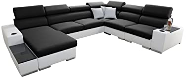 All4All Ecksofa mit Schlaffunktion Piano 358x282 cm – Schlafsofa mit Bettkasten – Wohnlandschaft XXL – Sofa U-Form – Gewebe mit Kunstleder - Groß - Big Sofa - Linke Seite - Schwarz/Weiß 26