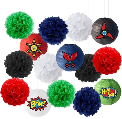 Fangleland Ninja Party Dekorationen Krieger Party Supplies Ninja Papierlaternen Aufkleber Pom Poms für Ninja Theme Geburtstag Baby Shower