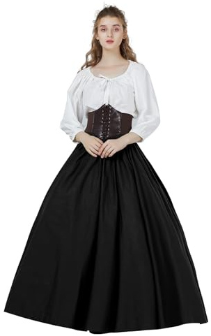 BEAUTELICATE Jupe Longue Médiévale Victorienne De Femme en 100% Coton Evasée Retro Moyen Age Costume De Femme Fêtes Renaissance Carnaval Noir,M