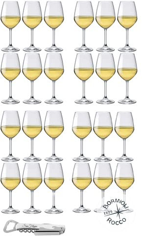 Servizio Bicchieri, Set 25 Pezzi, Set Calici Vino Bianco Mod Divino Con Cavatappi In Acciaio Inox San Filippo