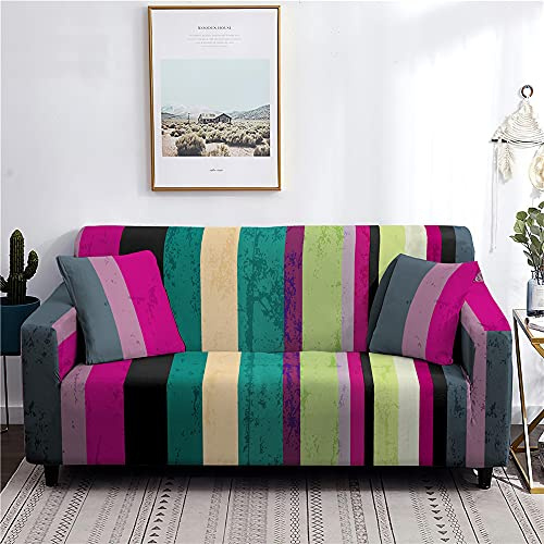 Hearda Stretch Sofabezug Sofahusse, Streifen Spandex Elastische Sofa Sofaüberwurf Sesselhussen 1/2/3/4-Sitzer Couchbezug mit Anti-Rutsch-Schaumstoffe (Bunt,1-Sitzer 90-140cm)