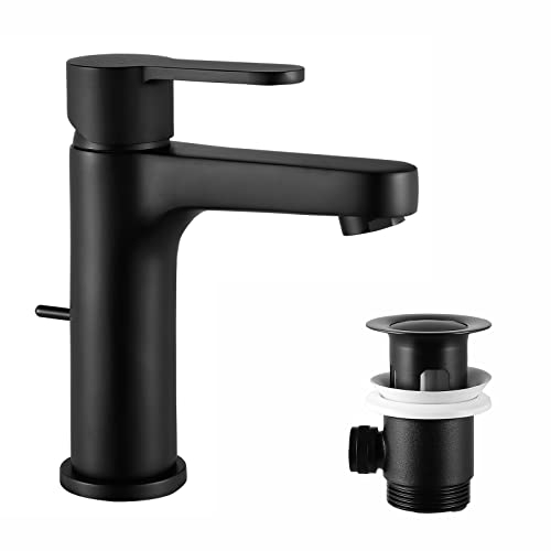 Wasserhahn Bad Schwarz | CECIPA Wasserhahn mit Zugstange,Keine schmutzigen Hände,Waschtischarmatur Enthalten Ablaufgarnitur Waschbecken,Waschtischarmatur Schwarz-MIRAS-B