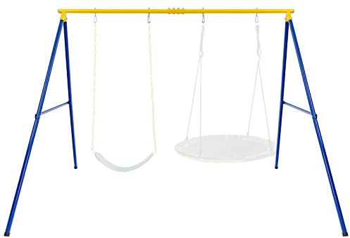 GYMAX Double Swing set, Metal Swing Frame with Ground Stakes, Indoor Outdoor Kids Swings set for Garden Playground, 300kg Weight Capacity