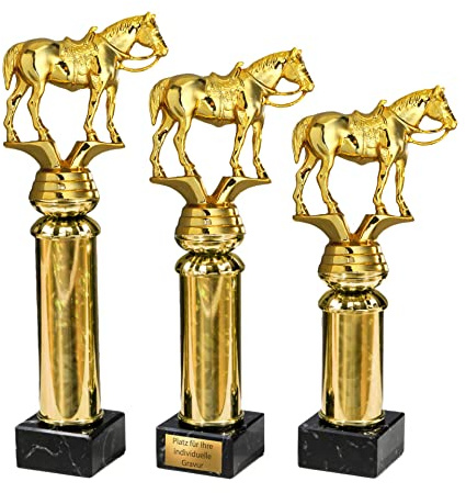 eberin · Pferdesport Pokal mit Gravur/Wunschtext · Westernreiten Cup · Westernreiter mit Pferd auf Goldsäule/Marmor · Pokal in 3 Größen erhältlich ·