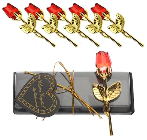 beyonday 5pcs Mini Glass Rose Flower with Box, Romantic Crystal Rose Gift for Wedding Souvenirs Anniversary Birthday New Year, Ideas for Mom Wife Sister Girlfriends Grandma (Gold-Wine Red)