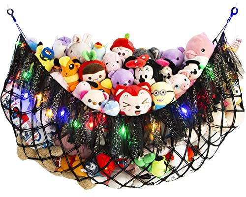 Großes Makramee-Plüschtier-Netz oder Hängematte Großes Plüschtiernetz oder Hängematte mit LED-Licht. Teddybär-Aufbewahrung. Wandhängendes Spielzeugnetz für Plüschtiere