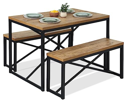 Best Choice Products 45.5in 3-Piece Bench Style Dining Furniture Set, 4-Person Space-Saving Dinette for Kitchen, Dining Room w/ 2 Benches, Table - Light Brown/Black