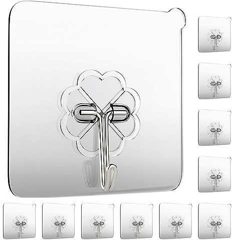 GEPUTING Wandhaken, 15 kg, strapazierfähig, selbstklebend, wasserdicht und öldicht, transparent, wiederverwendbar, nahtlos, stark, für Badezimmer und Küche, 10 Stück