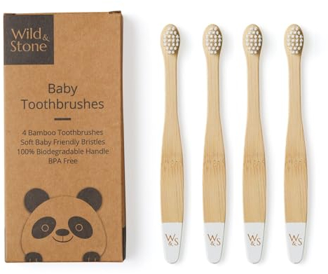 Wild & Stone | Bio-Baby-Bambus-Zahnbürste | 4 Stück | Weiche Faserborsten | 100% Biologisch Abbaubarer Griff | BPA-Frei | Vegane Umweltfreundliche Baby-Zahnbürsten (Babyweiß)