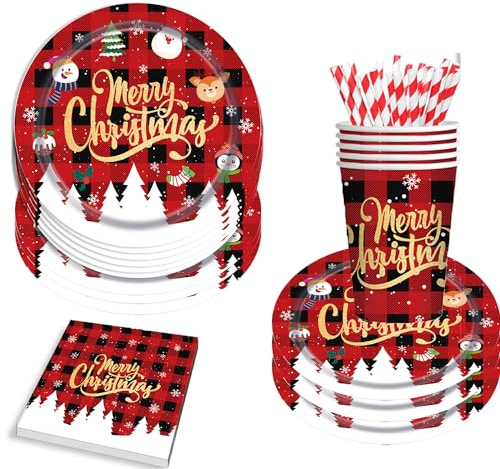 Juego de vajilla desechable de Navidad de 48 piezas, 12 invitados, platos desechables de Navidad de 9 pulgadas, vasos, servilletas, pajitas, vajilla de Navidad con patrón rojo con copos de nieve,