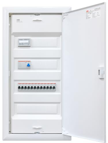 Mit Zähler bestückter ABB (STRIEBEL&JOHN) Aufputz 4-reihig UK648N3 ANSCHLUSSFERTIG verdrahtet mit Klemmblock. Bestückung ABB 1x FI 4-polig + 12x LS B16A