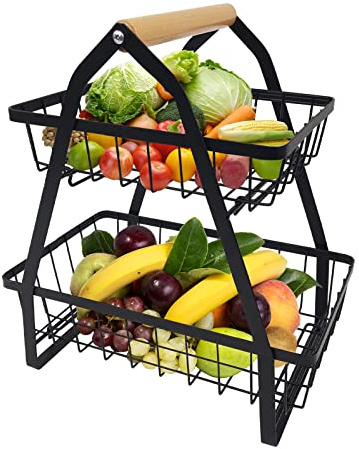 LILIIN Obst Etagere, 2 Etagen Obstkorb Rack Obstschale aus Metall, Abnehmbar Obst Halter Küche Ablagekorb für Küche Lager Obst Gemüse(Schwarz)