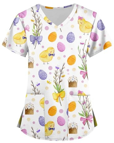 DHYUEN Ostern Kasack Pflege Blumen Osterei-Druck V-Ausschnitt Op-Kasack Pflegebekleidung Kurzarm Taschen Schlupfkasack Kasackskasacks Fashion Oster Drucken Medizinische Berufskleidung Arbeitsuniform