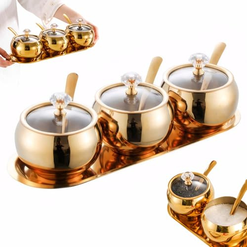 Yaoliucp 4 Pcs/1 Set Seasoning Containers Stainless Steel Sugar Bowl with Lid and Spoon Gold Condiment Jars with Tray Kitchen Spice Boxes Sugar Container for Salt Coffee Sugar, Sugar Bowl