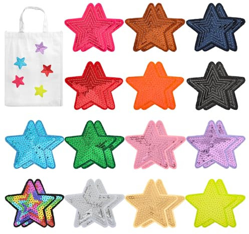 AHQiZFX 28 Stück Glitzer Sterne Patches,Patches zum Aufbügeln,Flicken zum Aufbügeln,Bestickte Aufnäher,Aufbügelflicken,Bügelbilder für Textilien Sterne,für Kleidung Hut Jeans Rucksäcke DIY-Zubehör