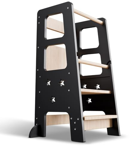 Juskys torre didattica Henny - per bambini da 1 anno, torre Montessoriana, tripla regolazione in altezza, sistema antiribaltamento, sgabello da cucina - nero