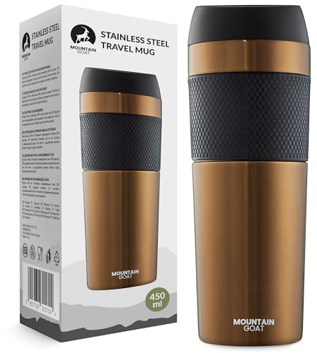 MOUNTAIN GOAT Thermobecher 450ml aus Edelstahl, Kaffeebecher To Go Auslaufsicher, Isolierbecher Hält 12h Heiß & Kalt, Autobecher Passend für Getränkehalter, Trinkbecher mit Einhandbedienung, Braun