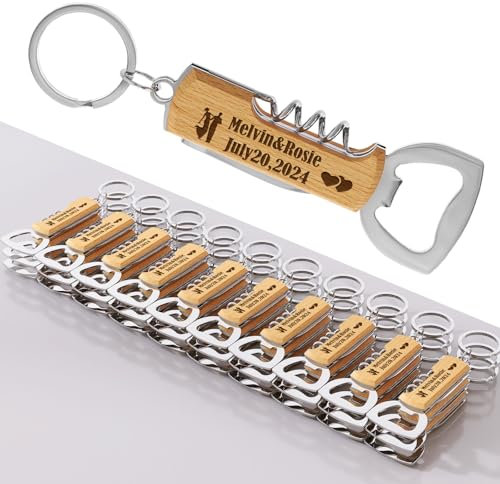 30 pezzi Apribottiglie in legno multifunzionale personalizzato per festa di matrimonio, bomboniere per ospiti, regali personalizzati per feste di compleanno, portachiavi apribottiglie incisi.