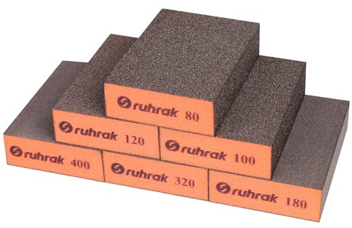 Sruhrak Sanding Block 6 Pieces Hard Sanding Sponges, 80/100/120/180/320/400 Grits Wet Dry Reusable Sanding Pads for Wood, Plastic, Drywall and Metal Polis