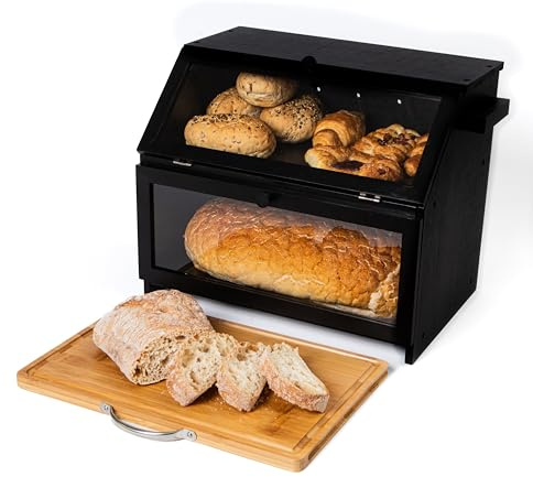 Double Decker Bamboo Bread Bin 2-Tier Bread Box With Cutting Board And Knife Holder Naturally Antibacterial Sustainable Eco Friendly Storage Box Organic Premium Kitchen Organiser (Black (Premium))