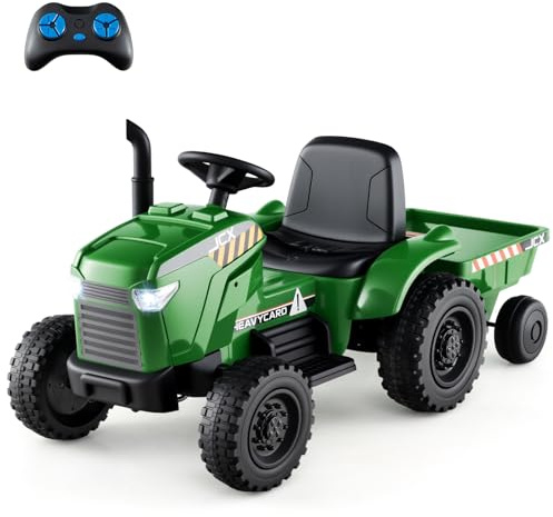 Costzon Ride on Tractor with Trailer, 12V Battery Powered Electric Vehicles with Remote Control, Music & Lights, Kids Tractor Ride on Toy with Shockproof EVA Wheels, Gift (EVA Tires, Dark Green)