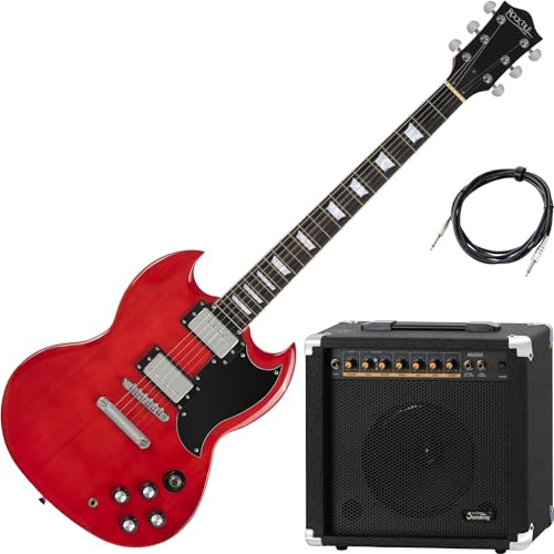Rocktile Pro S-Red E-Gitarre Heritage Cherry AK20GR Set – E-Gitarre mit Verstärker und Kabel – Humbucker Pickups - Korpus Linde, Hals Ahorn, Griffbrett Palisander - Finish Gloss - Anfänger Komplettset