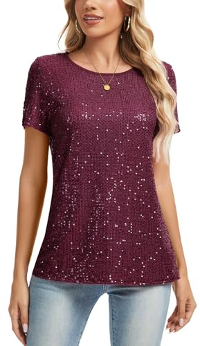 MINTLIMIT Damen Pailletten Glitzer Tops Oberteil Kurzarm Rundhals T-Shirt Bluse Fully Lined Freizeit Party Festival Club