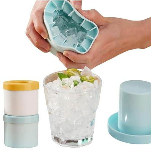 Cubitera de hielo portátil, moldes de hielo de silicona con tapa extraíble, bandeja flexible de fácil liberación, 60 cubos por bandeja para cóctel, whisky, sin BPA, juego de 2, amarillo y azul