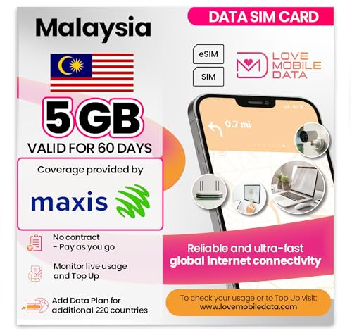 Love Mobile Data Only Sim Card - International Multi-Network 4G/5G Prepaid Pay As You Go Data Sim for Mobile Phones, WiFi Routers, & More, UK & Malaysia (maxis) - 5GB for 60 Days