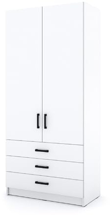 Marlux-Meble Kleiderschrank Sigma 90 cm breit mit 2 Drehtüren und 3 Schubladen Korpus in Weiß Matt Schlafzimmerschrank Kinderzimmerschrank Systemschrank (Türen-Weiß, Schubladen-Weiß)