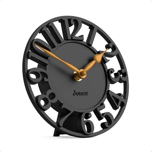 JONES CLOCKS® Ealing Schreibtischuhr | Mini-skelettohr | Schwarz | Freistehende zeitgenössische kaminsimsuhr mit Ausgeschnittenen Zahlen für Regal, Tisch, kaminsims oder nachttisch