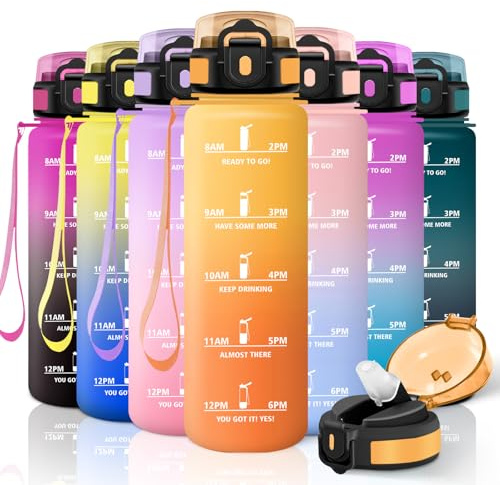 Motswedi Gourde Sport, 1000ml Anti Fuite, Gourde Paille, Réutilisable, Bouteille d'eau, sans BPA, Bouteille Reutilisable, pour Enfant, Adulte, Randonnée, l'école, Fitness, Yoga, Jaune & Orange