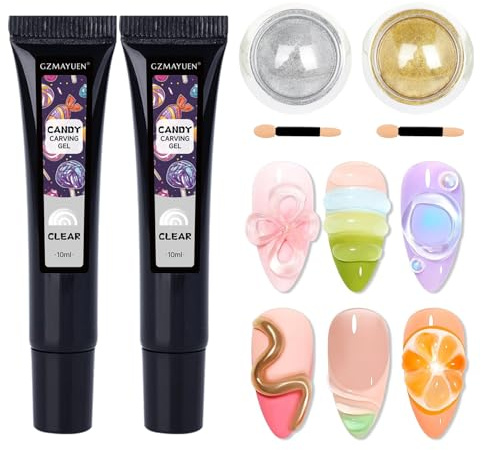 GZMAYUEN 3D Gel Nail Art mit Chrome Nail Powder Kit, 2 * 10g Clear Skulptur Nagel Carving Nail Glue Gel DIY Nageldesign, Silber Gold Effect Mirror Crome Pulver