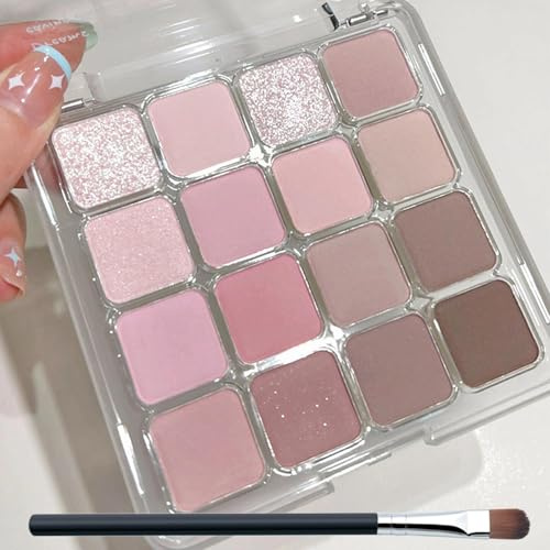 16-Color Matte & Glitter Eyeshadow Palette – Pink & Brown Smokey Tones – Long Lasting Blendable Pressed Powder Waterproof Eye Shadow Makeup Gift for Women（01） | Matte, Shimmer And Glitter-Style Finishes, Includes 1 Flat Brush, For Soft Everyday Looks And Reflective Evening Accents
