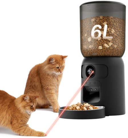 BrooBirder 6L Distributore Automatico Cibo Gatti, doppia telecamera WIFI - Visione orientabile IA Tracciamento mobile, Ciotola inox Modalità pasto lento Programmabile porzionato Batteria riserva