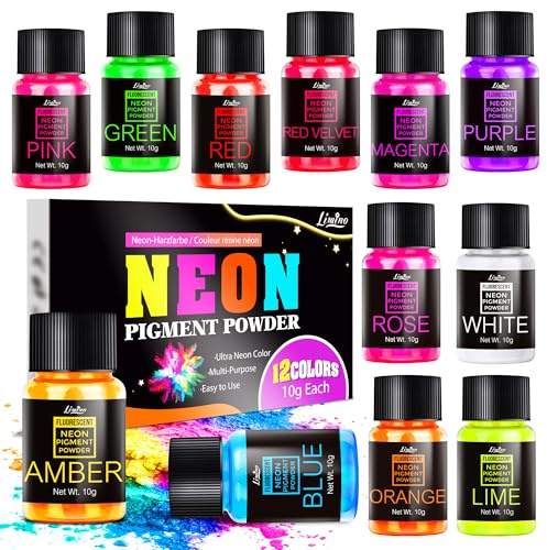 Neonpigmentpulver – 12 färger, fluorescerande pulver för epoxiharts, nageldesign, ljus, slime och tvåltillverkning, neonhartsfärg för målning, smycken, ögonskugga, gör-det-själv-hantverk
