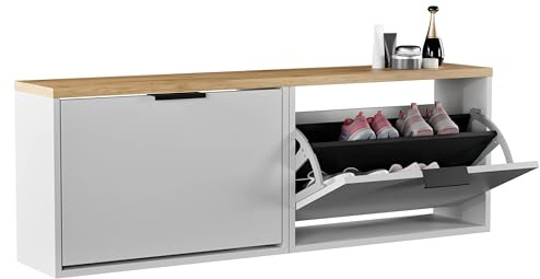 Planetmöbel 2 x Schuhschrank schmal mit 1 Klappe platzsparender | Schuhregal, mit 2 Ablagen, Schuhkommode für Diele, Flur, Garderobe 60 x 23 x 42,5 cm, weiß grau