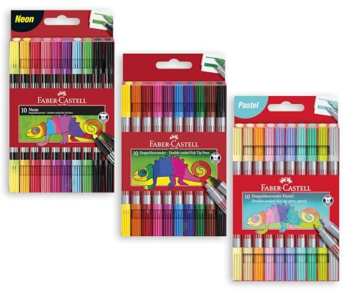Faber-Castell 151109 - Filzstifte Set Neon, 10 Doppelfasermaler für Kinder und Erwachsene (Neonfarben + Grundfarben + Pastell)