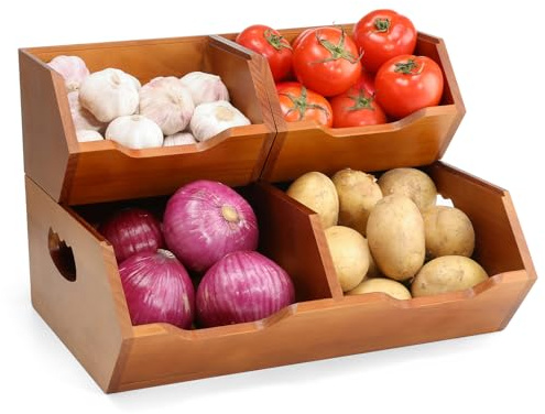 Aquzee Fruit Basket, Stackable Potato Storage, 2-Tier Wooden Kitchen Storage & Organisation, Space-Saving Vegetable Containers and Bread Bin, Kitchen Organiser Baskets for Bread, Fruit, Vegetable