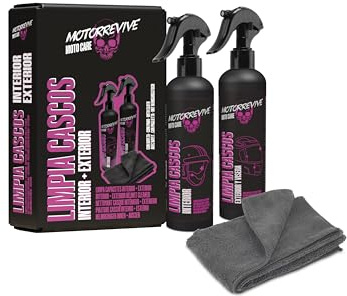 Motorrevive Pack Nettoyage de Casques de Moto 200 + 200 ml. Spray Nettoyant Intérieur + Extérieur et Visière + Chiffon en Microfibre. Hygiène Complète et Soin Professionnel pour Casque de Motocyclette