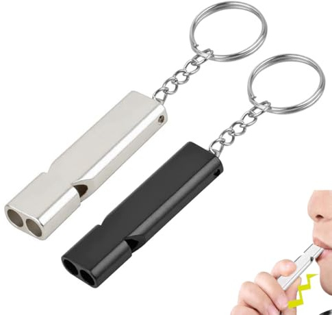2 Stück Doppelrohr Hochfrequenz Trillerpfeife, 120dB Notfall Pfeife Set für Outdoor, Metall Signalpfeife mit Schlüsselanhänger, Silber und Schwarz, Schiedsrichterpfeife für Sport und Sicherheit