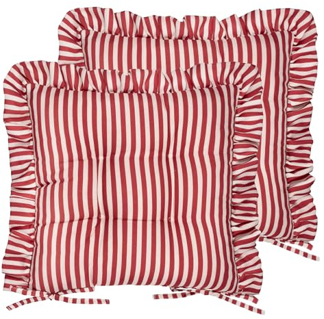Wylder Millie Ruffle Seat Pads – Pack of 2 – Heritage Stripe Indoor Outdoor Dining & Patio Chair Cushions with Ties (Red - 40x40cm)