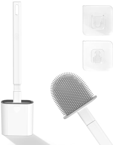 Toilet Brush, 1 Pack Bathroom Silicone Toilet Brushes and Holder Sets with No-Slip Long Plastic Handle and Soft Flexible Bristles, Toilet Brushes with holders and Base for Anti-drip (White)