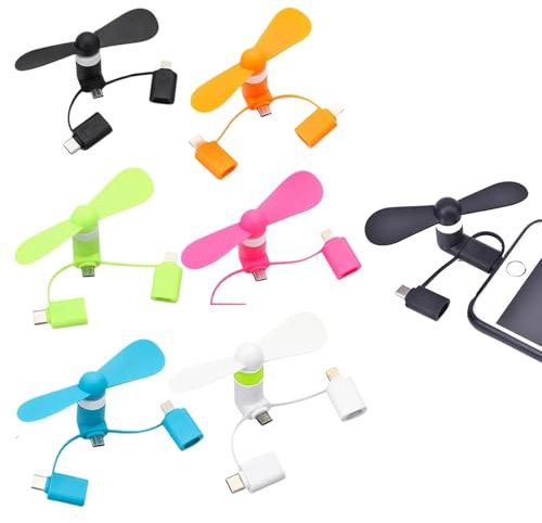 3 en 1 Mini Ventilateur,6 Pièces Petit Ventilateur,Ventilateurs Silencieux,Mini Ventilateurs 3 en 1 Silencieux pour Téléphone i-Phone/Android/Type C,6 Couleurs (Noir+Blanc+Rose+Bleu+Orange+Vert)