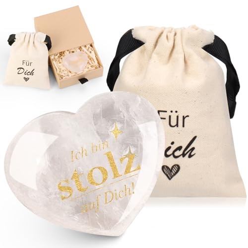 Ich bin stolz auf Dich Edelstein Handschmeichler Herz weißer Rosenquarz Gravur Glücksbringer Prüfung Mutmacher Schutzengel Zeugnis Geschenk für Frauen inkl Für Dich Leinenbeutel und Geschenkbox
