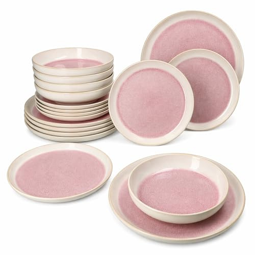 MamboCat 18tlg Tellerset Reactive Glaze Paris I Creme & Pink I Steingut-Geschirr für 6 Personen I je 6X Speiseteller, Suppenteller 400 ml & Kuchenteller