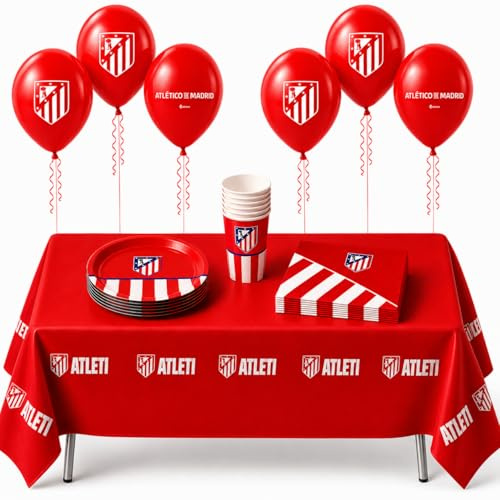Decoracion Cumpleaños Infantil Atletico de Madrid para 8 Personas – Pack Fiesta Oficial Atleti, Decoracion Futbol para Fiestas Infantiles, Cumpleaños y Eventos (ROJO 35 PIEZAS)