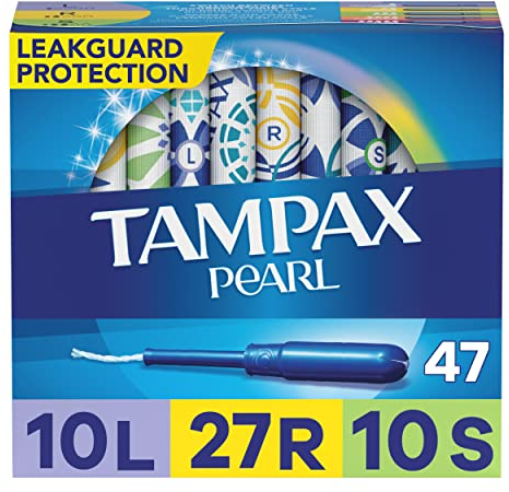 Tampax Pearl Plastic Tampons, Mutlipack, Light/Regular/Super Absorbency, Unscented, 47 Count (Packaging May Vary)